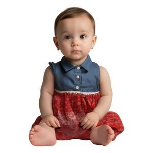 Lilt Denim & Red Floral Collard Dress | Size 6/9M